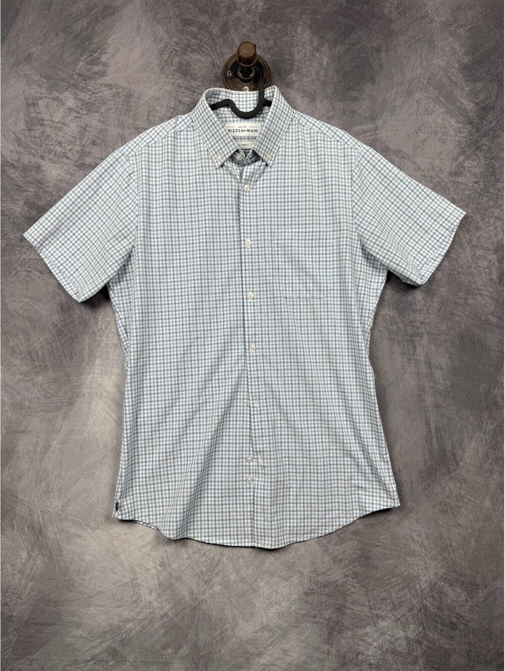 Mizzen+Main Shirt Mens S Blue Leeward Trim Fit Plaid Stretch Dress